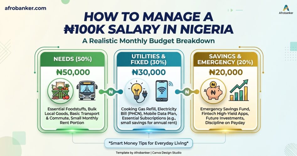 Infographic showing a realistic monthly breakdown on How to manage a ₦100k monthly salary in Nigeria