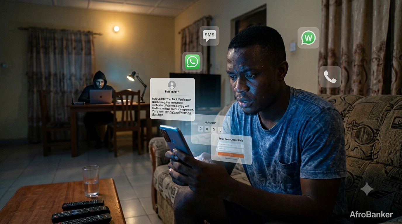 Young bank customer targeted by phishing scam on mobile phone showing suspicious banking alert WITH with fake verification message and fraudster activity in background
