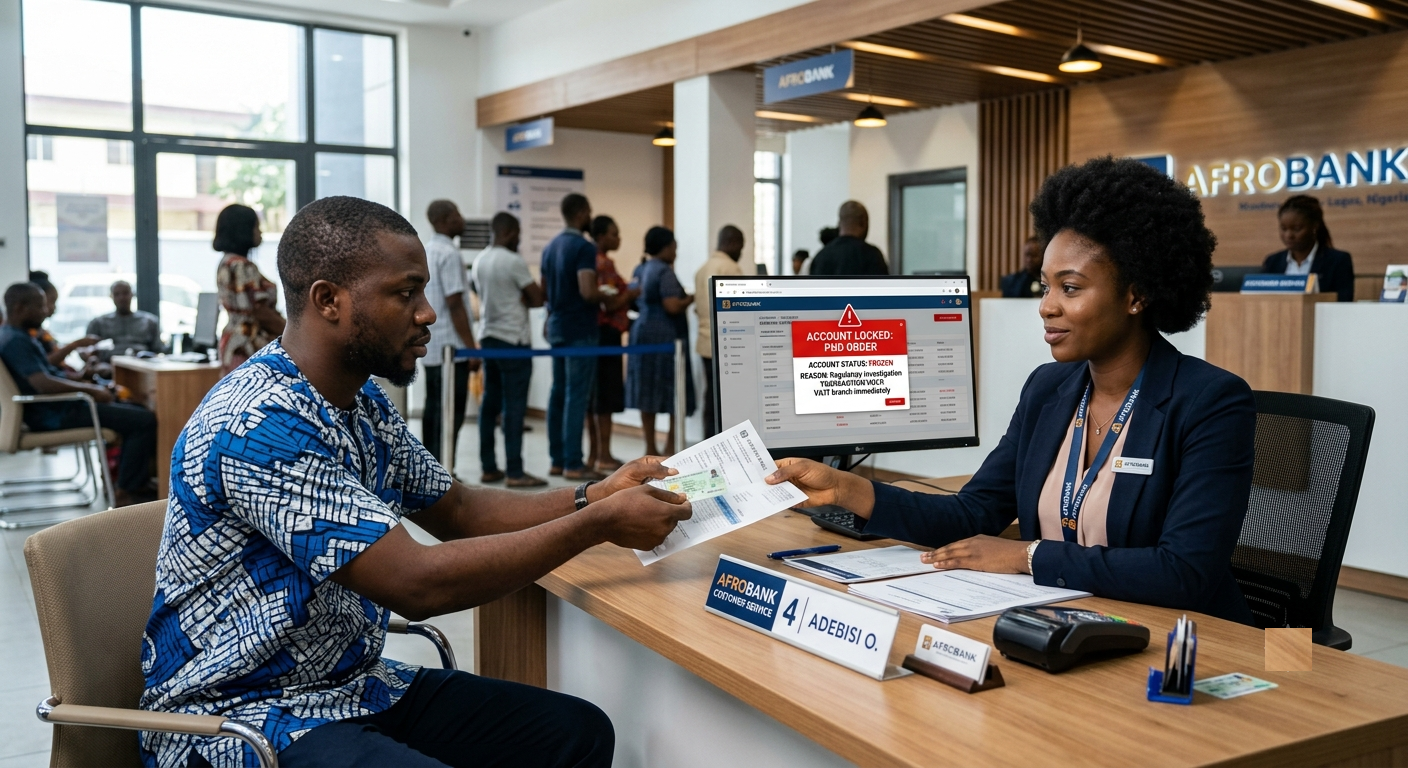 Customer submitting documents to lift PND order at bank.