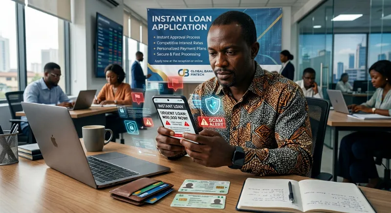 Person reviewing an online loan offer and identifying warning signs of a fake loan scam while using digital banking services.