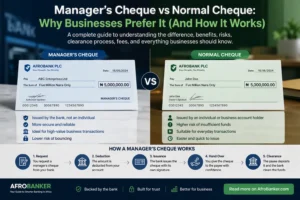 Manager's cheque vs normal cheque comparison showing key differences in payment security, bank guarantee, and cheque issuance.