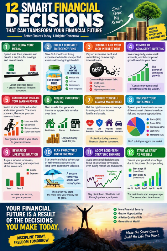 12 Smart Financial Decisions That Can Transform Your Financial Future infographic showing budgeting, emergency fund, investing, debt reduction, retirement planning, diversification, and wealth-building strategies.